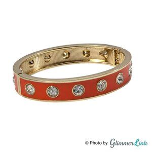Gold Tone Orange Enamel Rhinestone Hinged Bangle Bracelet